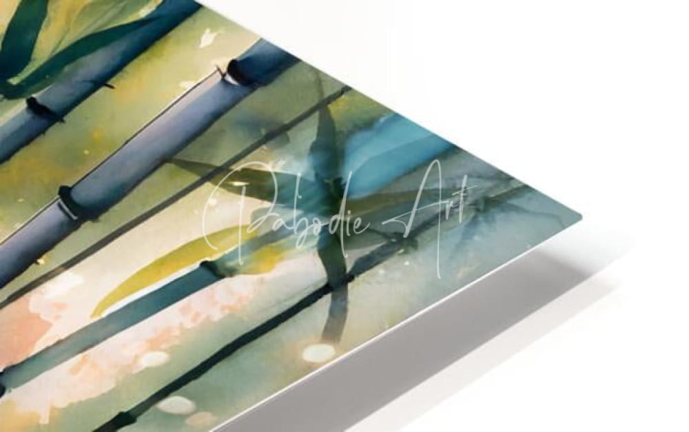 Acrylic print of bamboo trees watercolor with green and blue bamboo stalks on a soft yellow background
