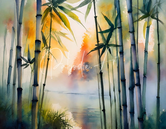 A watercolor painting of tall green bamboo stalks with leaves set against a soft gradient sky and misty lake background