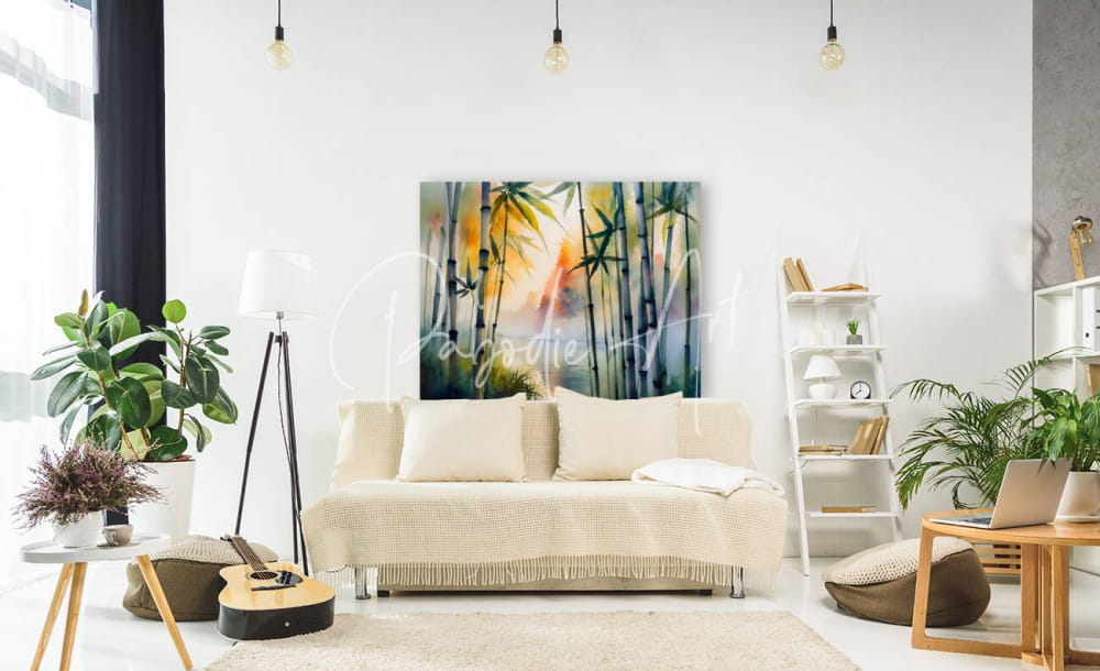 A vibrant abstract bamboo trees watercolor painting in green yellow and blue shades hanging on a wall