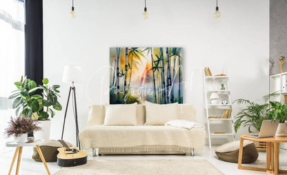 A vibrant abstract bamboo trees watercolor painting in green yellow and blue shades hanging on a wall
