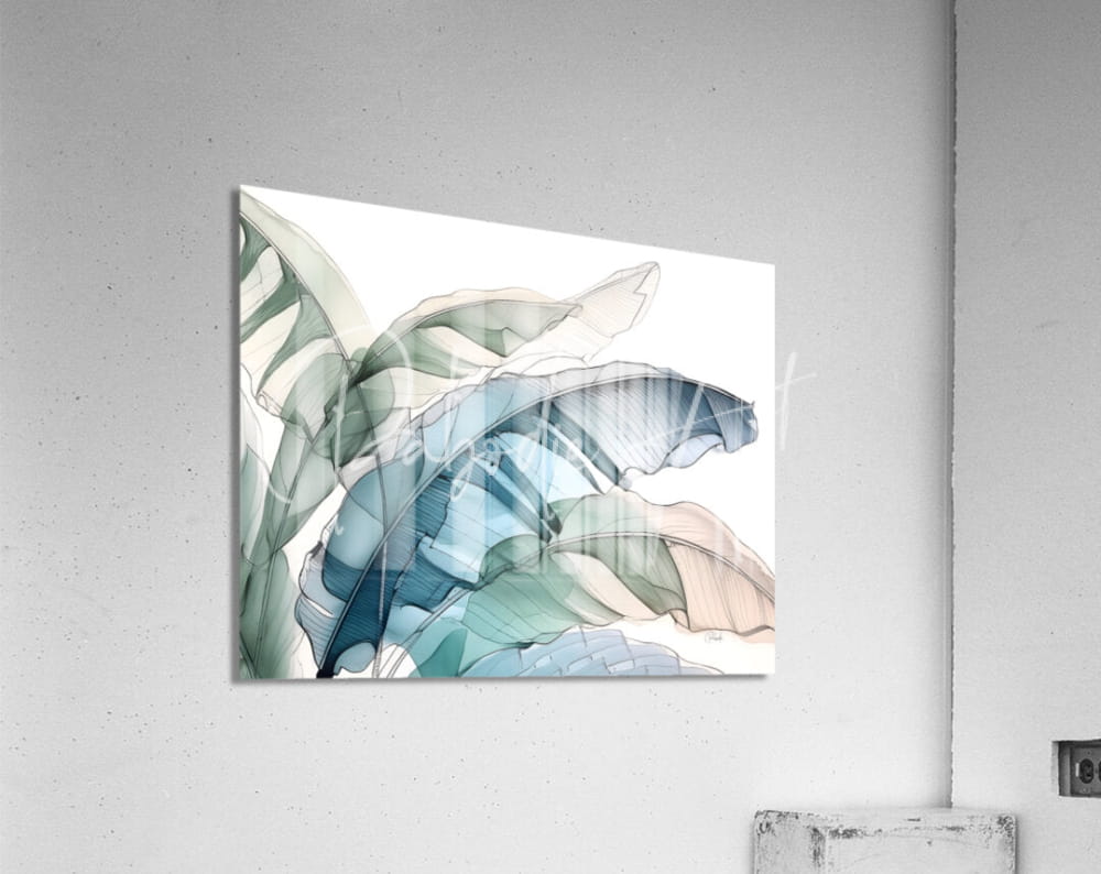 A square acrylic print titled banana leaves ink wash iii with translucent layered banana leaves in teal and pale green hues
