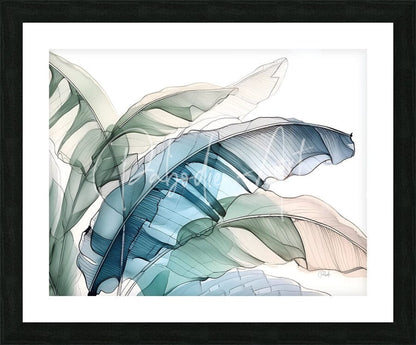 A framed artwork titled Banana Leaves Ink Wash III featuring translucent layered banana leaves in soft teal and muted green hues