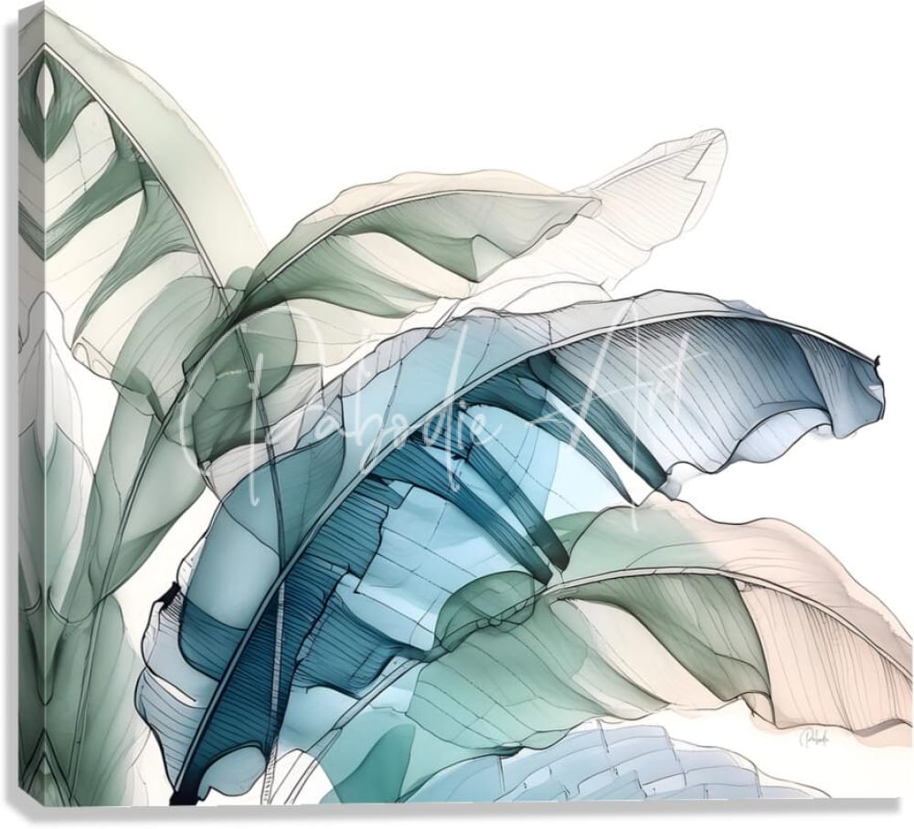 A modern canvas print banana leaves ink wash III with stylized banana leaves in teal sage green and cream hues