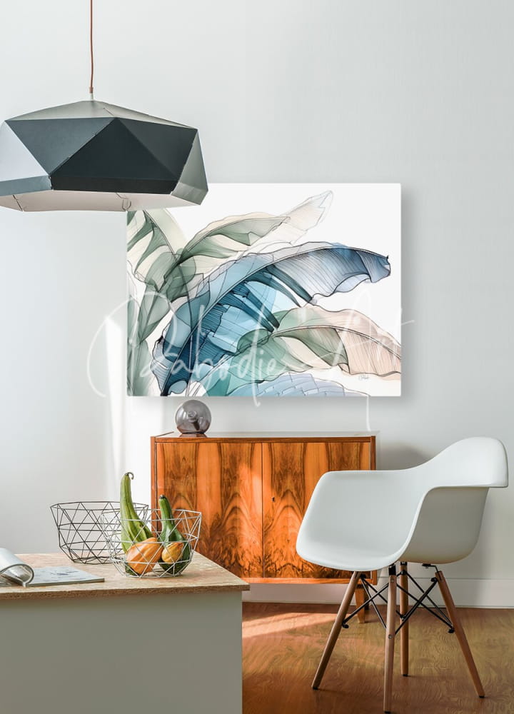 A modern abstract painting titled banana leaves ink wash iii featuring layered translucent blue and green banana leaves on white canvas