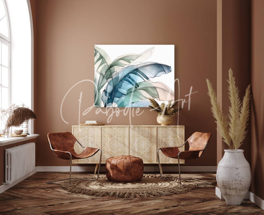 A modern watercolor painting of stylized teal and blue tropical banana leaves titled banana leaves ink wash iii