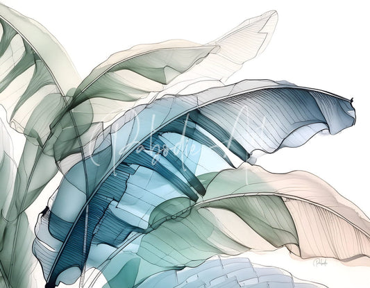 A delicate watercolor illustration of overlapping banana leaves in soft teal sage green and pale cream hues titled Banana Leaves Ink Wash III