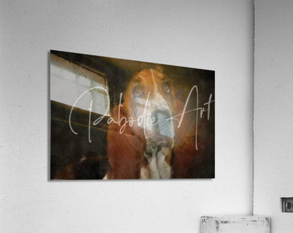 A rectangular acrylic print featuring a warm-toned stylized basset hound portrait with expressive eyes and floppy ears