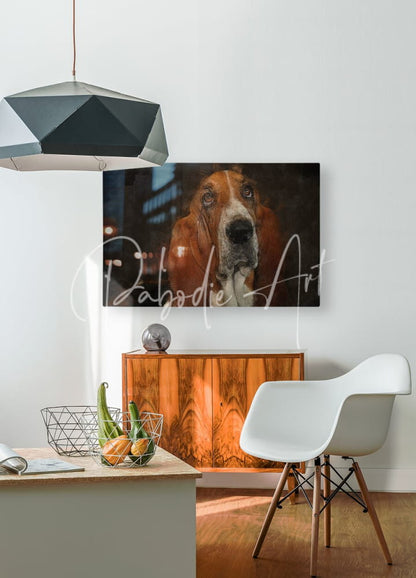 A framed canvas print of a close-up brown and white basset hound portrait displayed indoors