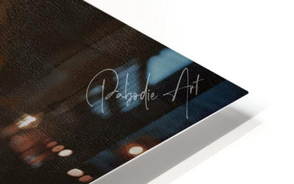 A sleek black matte basset hound portrait print with blurred nighttime cityscape and warm bokeh lights signed pabodie art