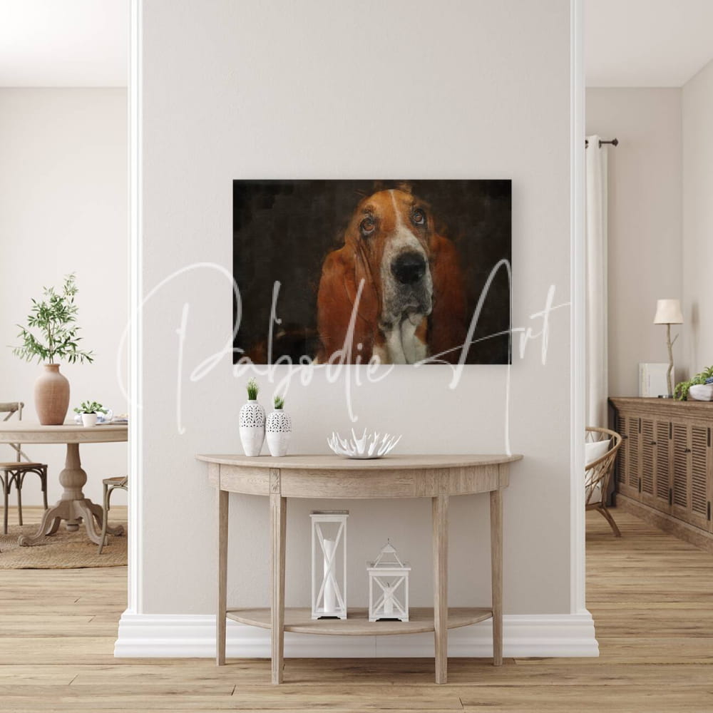 A warm-toned canvas print of a basset hound portrait with rich brown and white fur on a dark background