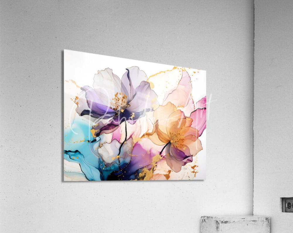 A vibrant abstract floral artwork titled Beautiful Blended Florals with purple pink peach blue hues and gold accents on glossy acrylic