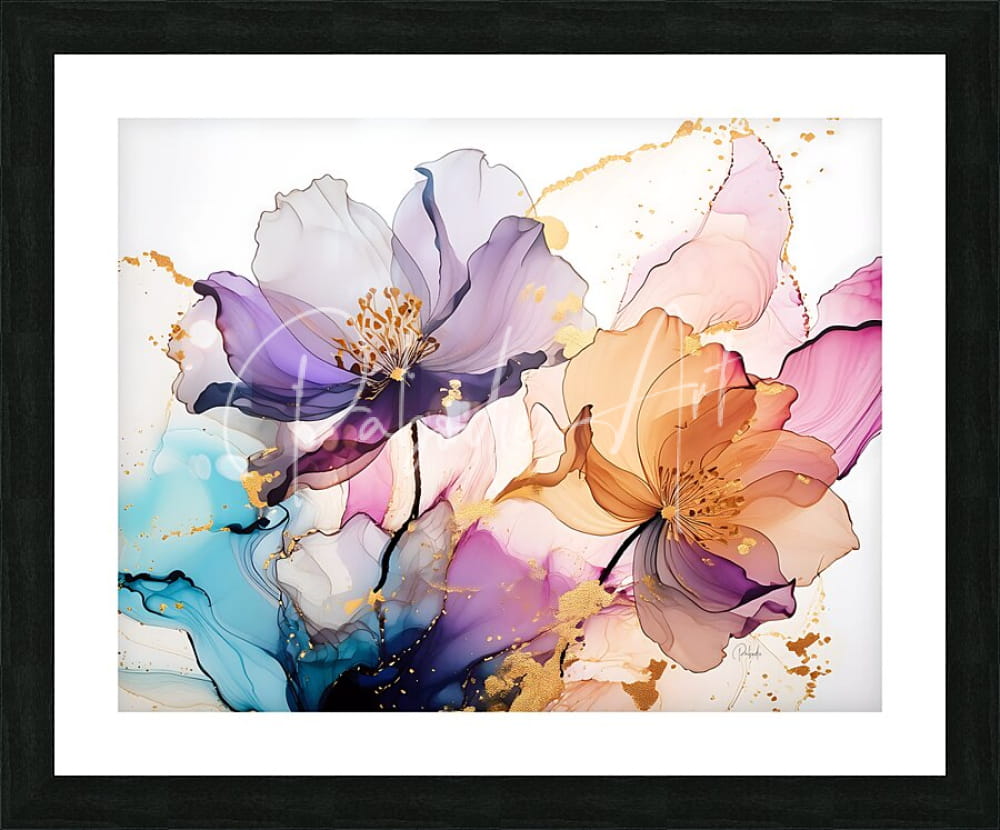 A framed abstract floral artwork featuring blended purple pink and orange blossoms with gold splatters titled beautiful blended florals