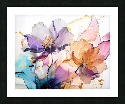 A framed abstract floral artwork featuring blended purple pink and orange blossoms with gold splatters titled beautiful blended florals