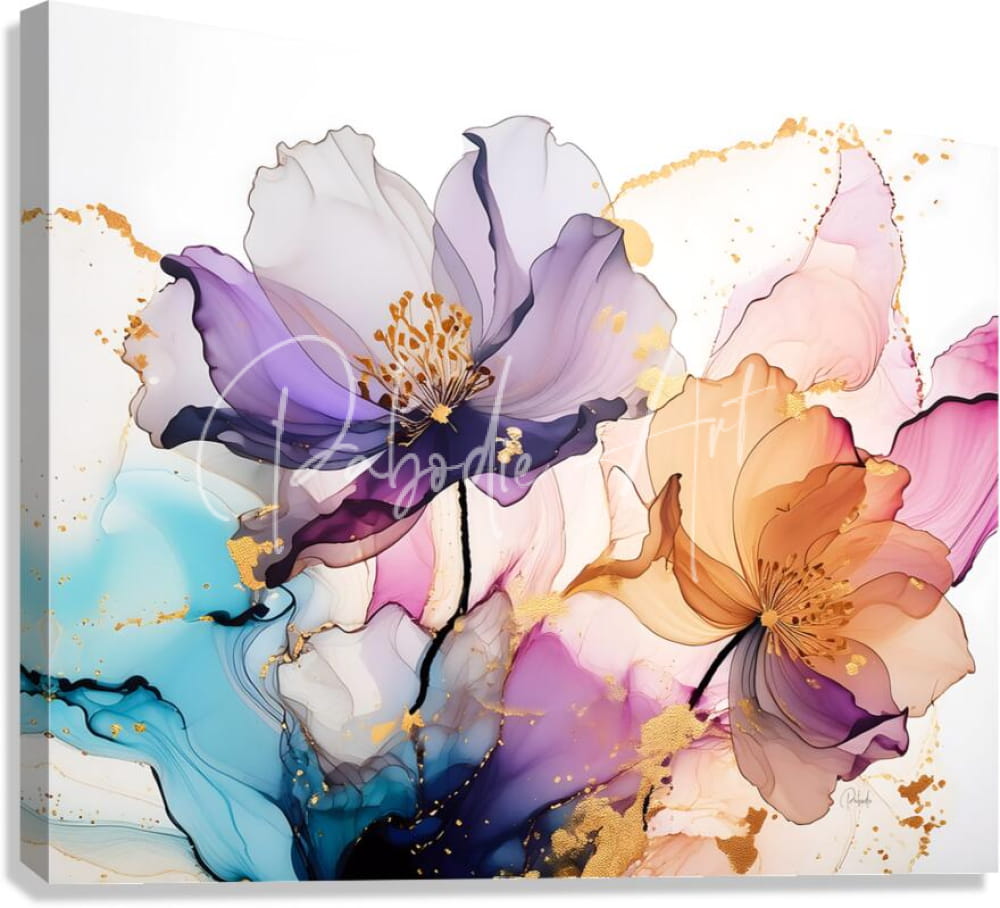 A vibrant abstract floral canvas painting with flowing purple pink and blue hues and golden splatters titled beautiful blended florals