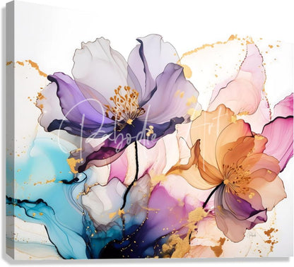A vibrant abstract floral canvas painting with flowing purple pink and blue hues and golden splatters titled beautiful blended florals