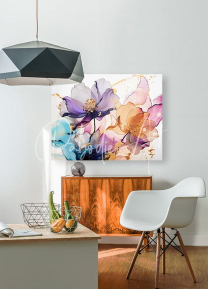 Beautiful blended florals vibrant abstract floral canvas with soft purple peach blue hues and gold accents