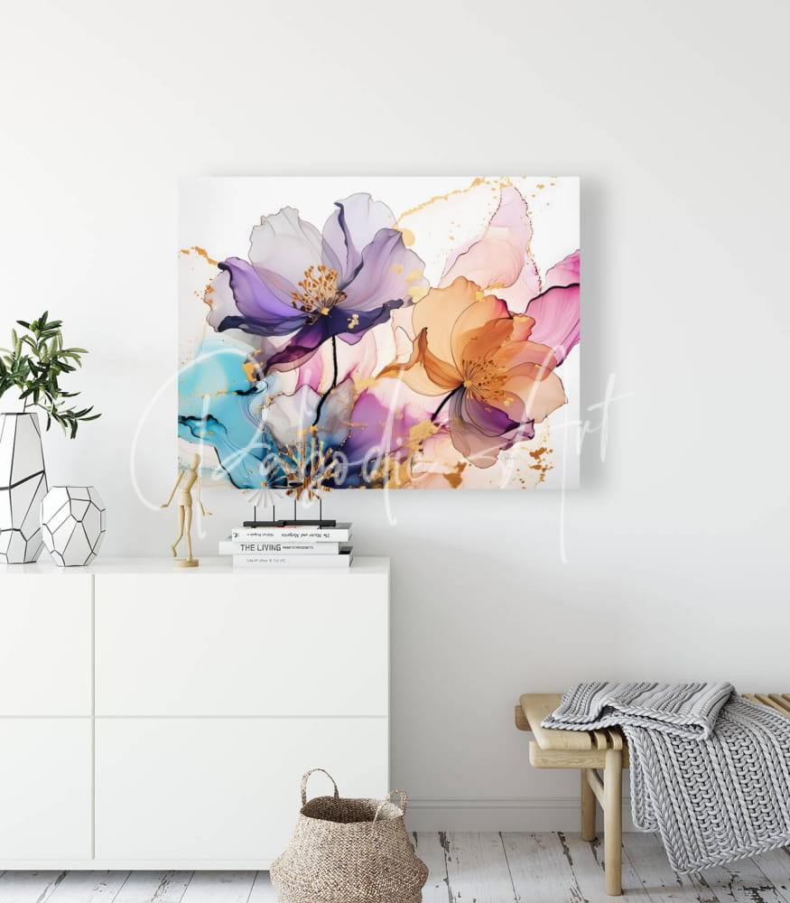 A vibrant abstract floral canvas painting titled beautiful blended florals featuring purple orange blue and gold accents