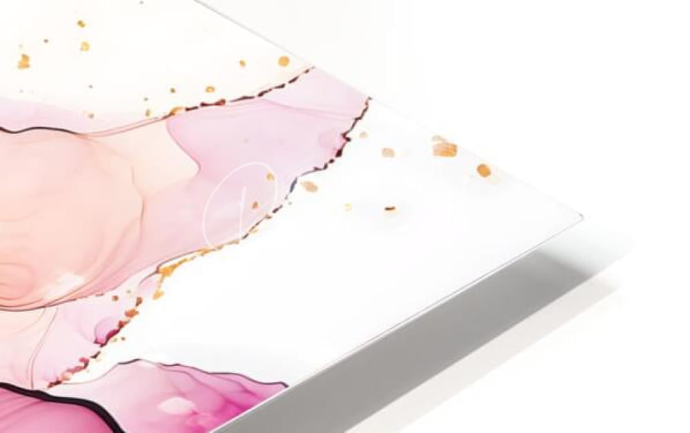 A modern abstract art print with soft pink white marbled patterns and gold speckles in a sleek metallic frame