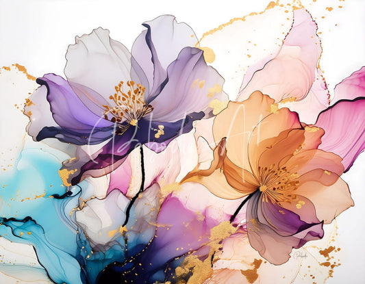 Beautiful blended florals vibrant abstract floral painting with flowing purple pink orange petals and golden accents