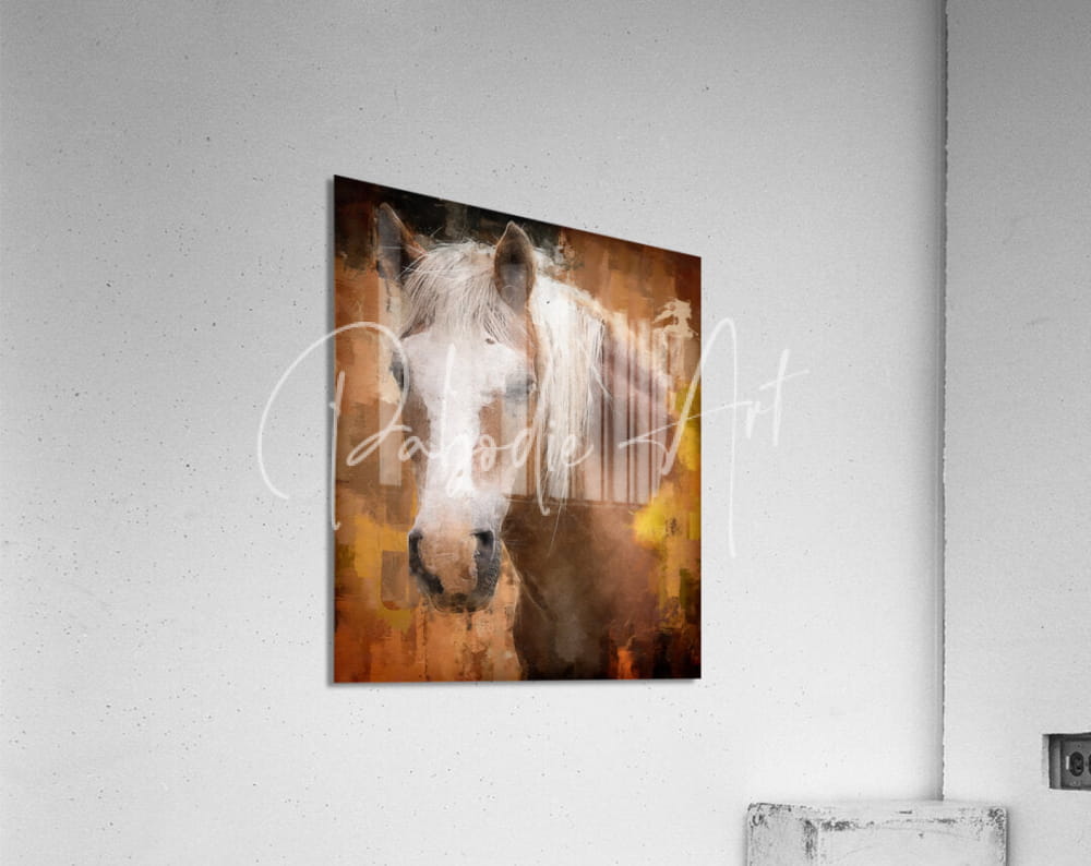 A rectangular acrylic print titled beautiful palomino horse featuring a stylized white horse on warm brown background