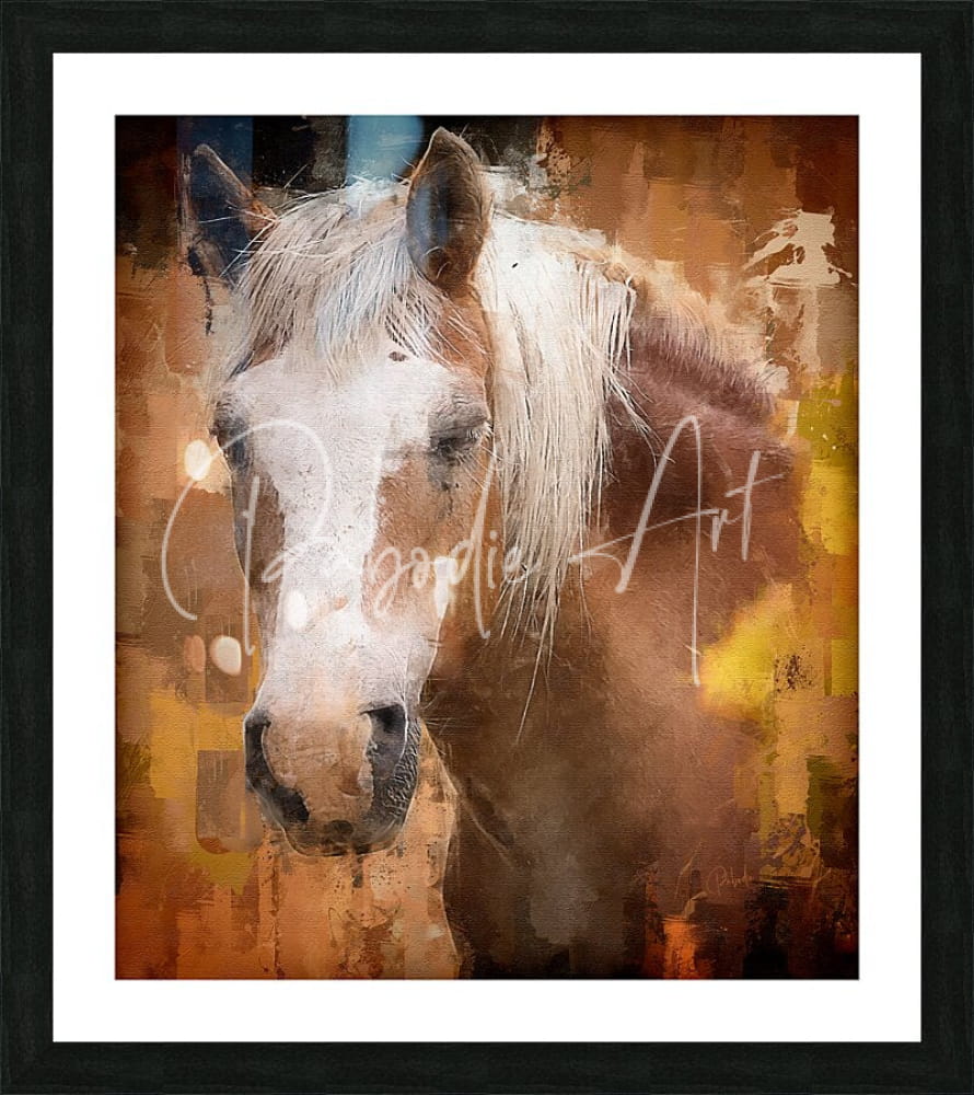 A framed artwork titled beautiful palomino horse featuring a stylized white and brown horse portrait on an abstract earth tone background