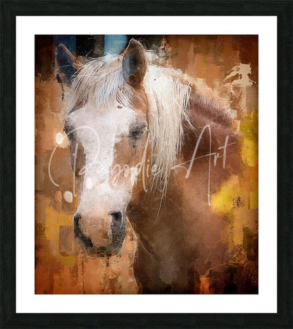 A framed artwork titled beautiful palomino horse featuring a stylized white and brown horse portrait on an abstract earth tone background