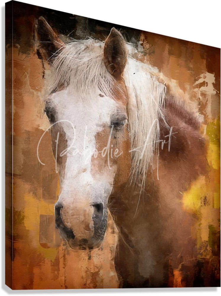 A canvas print featuring a stylized watercolor portrait of a white and brown palomino horse on an abstract background