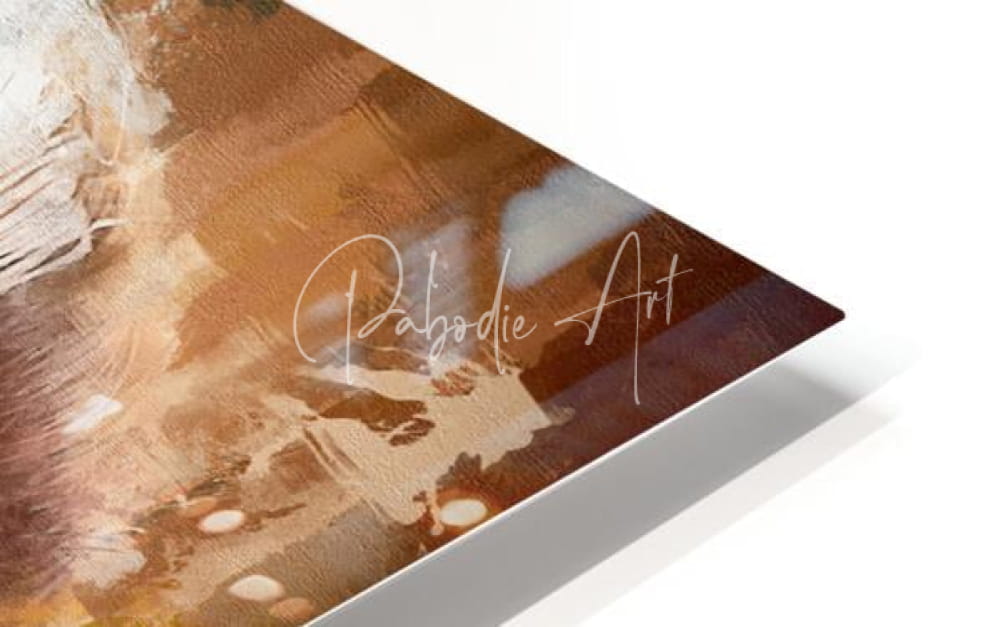 A modern abstract art print titled beautiful palomino horse featuring warm brown beige and white brushstrokes on glossy surface