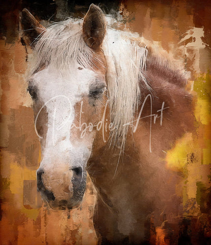 A painterly portrait of a beautiful palomino horse with a white and brown coat and long flowing mane on an abstract background