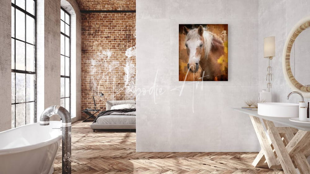 A warm-toned canvas print of a beautiful palomino horse close-up with flowing mane on an abstract golden background
