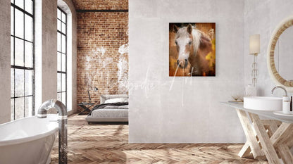 A warm-toned canvas print of a beautiful palomino horse close-up with flowing mane on an abstract golden background