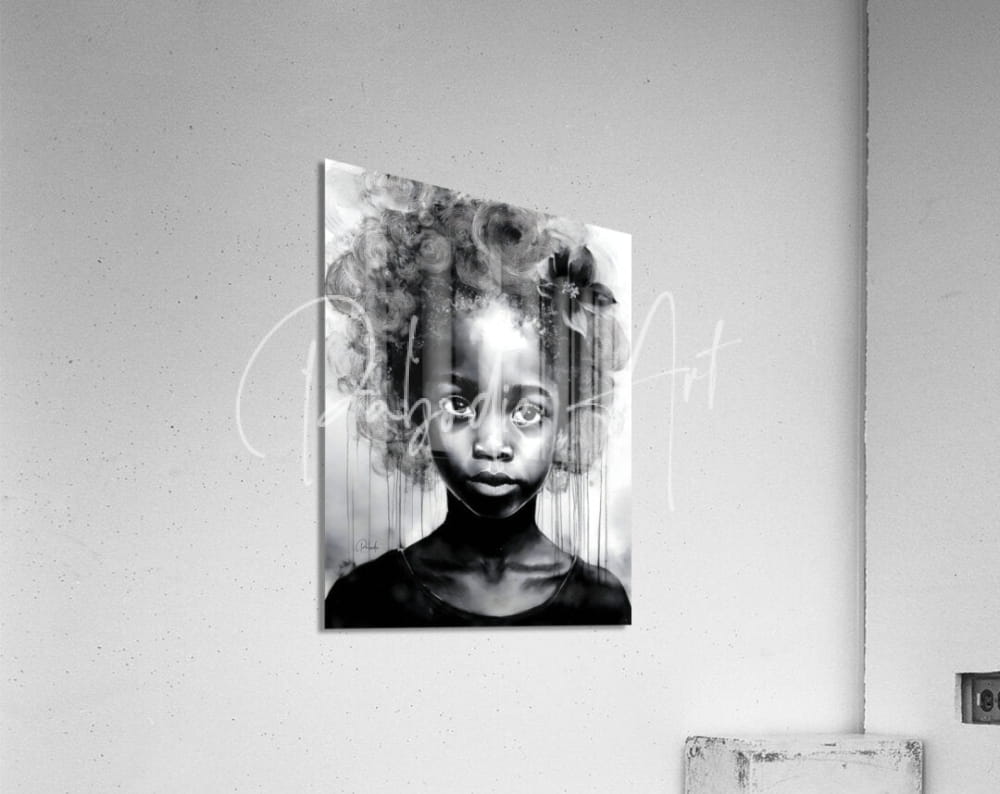 Black-and-white acrylic print titled Beauty Serene of a young girl with voluminous curls and expressive eyes mounted on wall