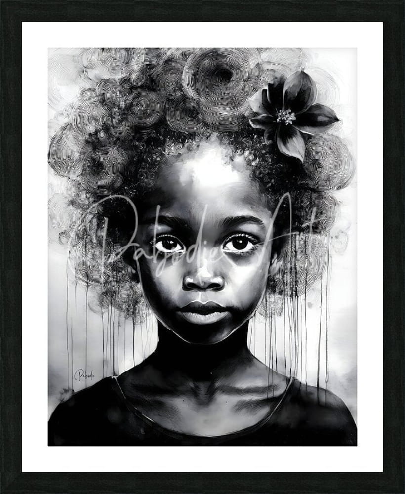 Black-and-white framed portrait of a young girl with curly hair and a flower in detailed sketch and watercolor style beauty serene