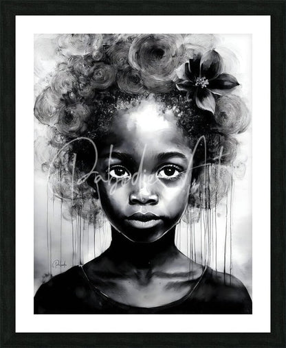 Black-and-white framed portrait of a young girl with curly hair and a flower in detailed sketch and watercolor style beauty serene