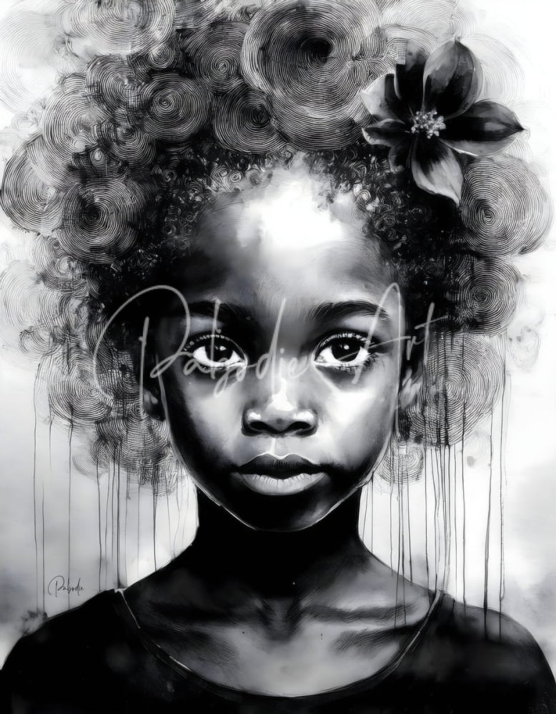 A black-and-white artistic portrait of a young girl with swirling curls and a flower in her hair for beauty serene