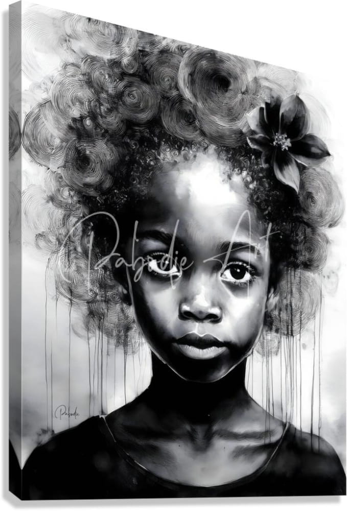 Black-and-white canvas print Beauty Serene featuring a young girl with voluminous curls and a single flower