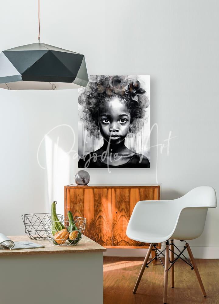 Black and white portrait canvas of a young girl with curly hair and flower mounted on wall titled beauty serene