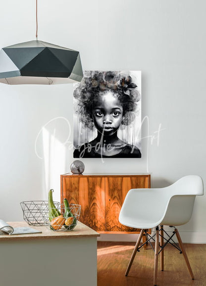 Black and white portrait canvas of a young girl with curly hair and flower mounted on wall titled beauty serene