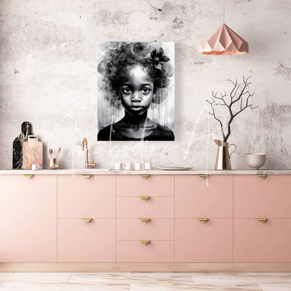 Black-and-white canvas portrait of a young girl with curly hair and a flower in her hair titled beauty serene