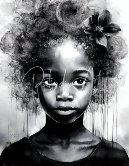 Beauty serene black-and-white artistic portrait of young girl with intricate swirling curls and flower in hair