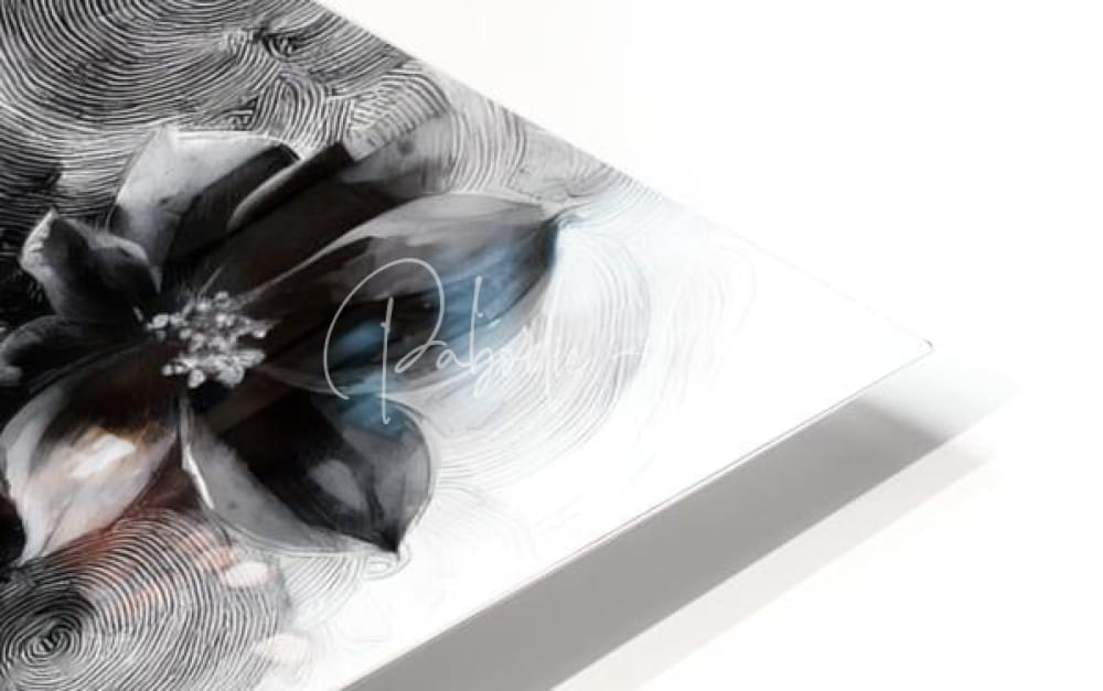 A sleek black and white abstract canvas named beauty serene featuring a stylized flower with metallic accents signed by artist