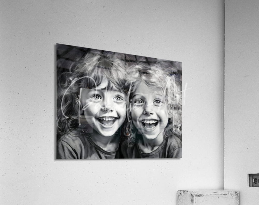 Black-and-white photographic print titled besties of two smiling children with curly hair mounted on a wall