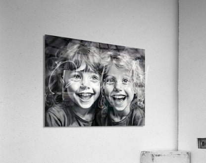 Black-and-white photographic print titled besties of two smiling children with curly hair mounted on a wall