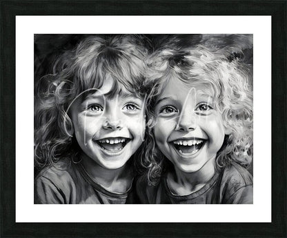 Black and white framed artwork titled Besties showing two laughing children with curly hair in a simple frame