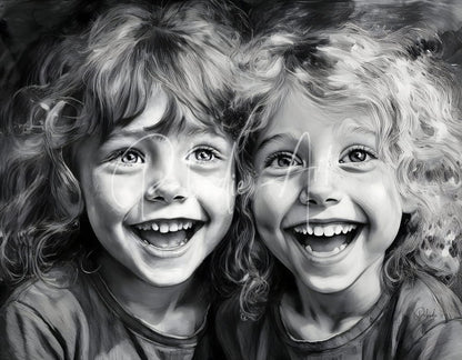Besties product featuring a detailed black and white sketch of two smiling children with curly hair