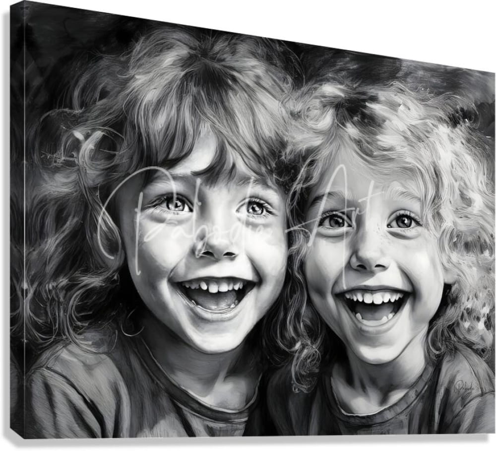 Black and white canvas print of a detailed pencil sketch showing two smiling children with curly hair titled besties
