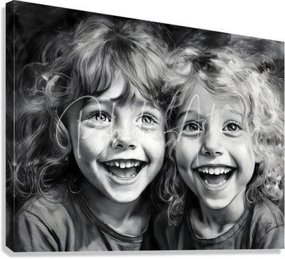 Black and white canvas print of a detailed pencil sketch showing two smiling children with curly hair titled besties
