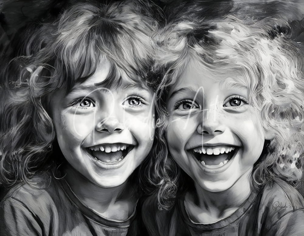 Detailed black-and-white sketch of two smiling children with curly hair on besties product design
