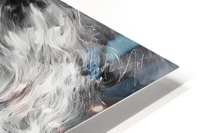 Abstract acrylic painting titled Besties with swirling gray black and blue brushstrokes on white mat