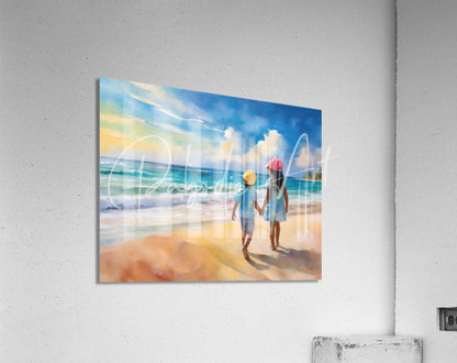 Big sister and me beach scene acrylic print with two children holding hands in soft blue yellow and orange watercolor hues